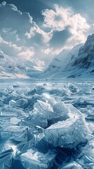 Breathtaking ice landscape with floating ice chunks amidst towering mountains and a vast sky