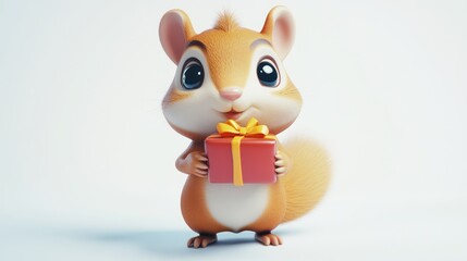 Obraz premium Adorable Cartoon Squirrel Holding a Gift Box with Orange Ribbon on a White Background