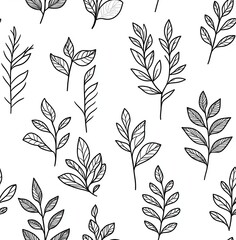 seamless pattern of various leaves in the line art style, white background, monochrome design