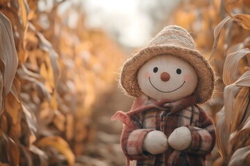 Adorable scarecrow holding eggs in autumnal cornfield for harvest festival and farm decoration concept
