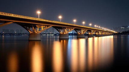 The River Bridge stands illuminated at night, casting vibrant blue reflections on calm waters in the heart of Seoul, showcasing the city's beauty and architectural elegance