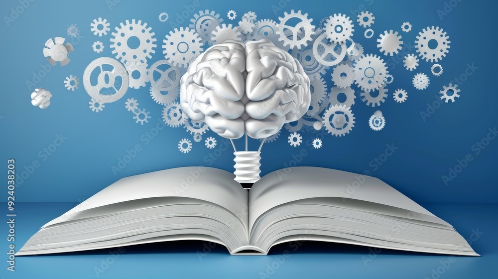 Poster brain lightbulb growing from open book, surrounded by floating gears on blue background