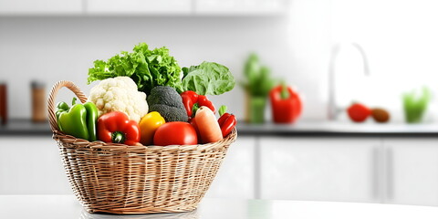 Fresh vegetables in wicker basket on kitchen counter with sunlit background, healthy eating and home cooking concept