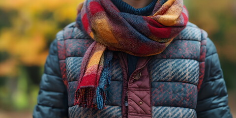 Close-up of person wearing colorful plaid scarf and quilted jacket, autumn fashion essentials against blurred fall foliage background