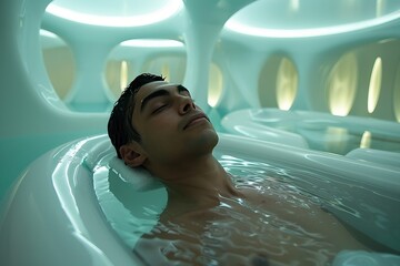 man floating peacefully in biohacking sensory deprivation pod float tank