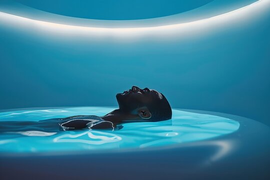 man floating peacefully in biohacking sensory deprivation pod float tank