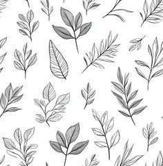 seamless pattern of various leaves in the line art style, white background, monochrome design