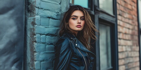 Fototapeta premium Stylish woman in leather jacket leaning against blue brick wall, urban fashion portrait with moody atmosphere