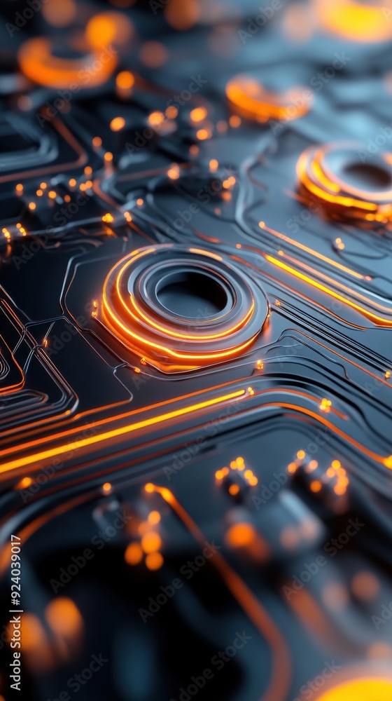 Poster a 3d of rotating, glowing circuits embedded in a metallic surface, symbolizing the intricate connect