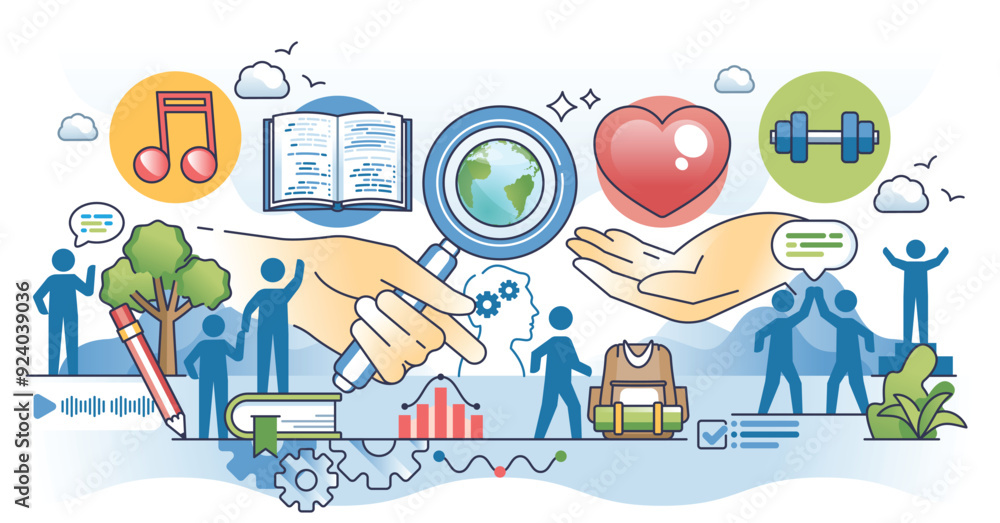 Poster psychographic segmentation and customer division outline hands concept. market classification using 