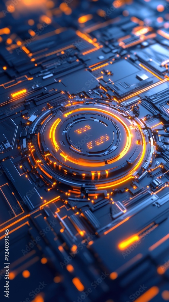 Poster a 3d of rotating, glowing circuits embedded in a metallic surface, symbolizing the intricate connect