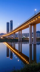 The River Bridge stands illuminated at night, casting vibrant blue reflections on calm waters in the heart of Seoul, showcasing the city’s beauty and architectural elegance