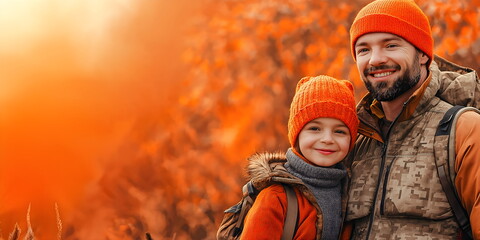 Father and son in matching orange beanies autumn outdoors. Copy space for text or advertising message on card or banner