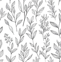 seamless pattern of various leaves in the line art style, white background, monochrome design