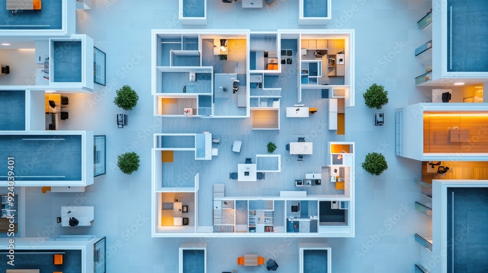 Poster aerial view of a modern office layout with cubicles and desks