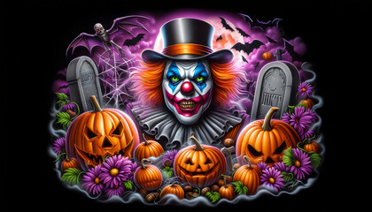 Macabre Clown Amidst Halloween Horrors in Vivid Airbrush