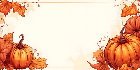 Autumn-themed border with orange pumpkins and maple leaves on light background, fall season designs and Thanksgiving invitations