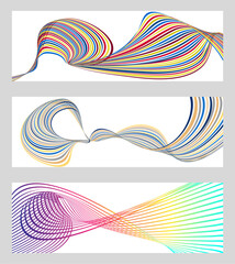 Wavy lines or ribbons. Set of 3 backgrounds. Multicolored striped gradient. Creative unusual background with abstract gradient wave lines to create a trendy banner, poster. vector eps