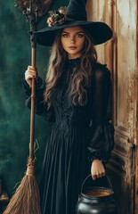 A stunning woman dressed as a witch holding a broom, standing beside a bubbling cauldron