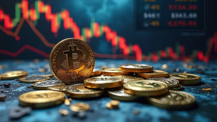 Closeup golden coin with bitcoin logo, graphs and symbols. Concept of cryptocurrency trading on stock market and blockchain technology. Decentralized digital currency. Crypto payment. Electronic money