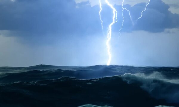 3d view of a powerful lightning strike in the ocean