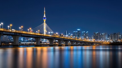 Obraz premium The River Bridge stands illuminated at night, casting vibrant blue reflections on calm waters in the heart of Seoul, showcasing the city’s beauty and architectural elegance