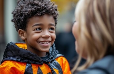 Obraz premium A young Black boy happily dressed as a vampire, smiling proudly at his mother