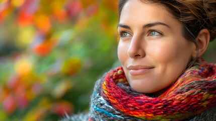 Woman wearing vibrant multicolored scarf looking away, autumn portrait with blurred colorful background. Copy space for text or advertising message on card or banner