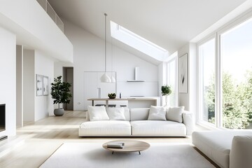 Fototapeta premium Modern interior of a bright living room with large windows and minimal decor. Generative AI
