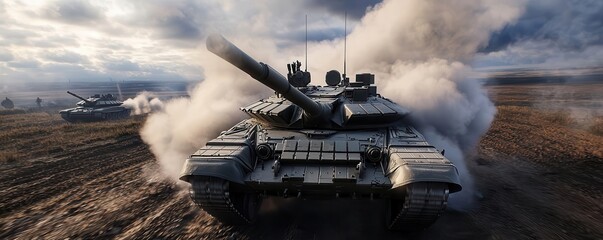 Tanks deploying smoke screens while advancing, with plumes of smoke trailing behind, ultra-detailed, tactical cover in battlefield operations