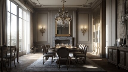 Elegant Dining Room with Ornate Chandelier and Fireplace