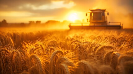 Fototapeta premium Combine harvester working in golden wheat field at sunset
