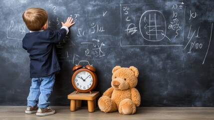 A little boy in a cap and gown acts as a teacher, exploring math on a blackboard with an alarm clock and a teddy bear nearby during a home school class