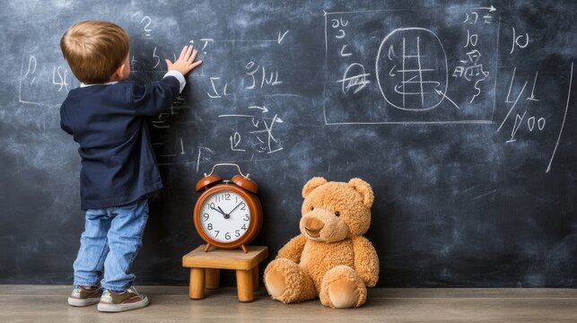 A little boy in a cap and gown acts as a teacher, exploring math on a blackboard with an alarm clock and a teddy bear nearby during a home school class