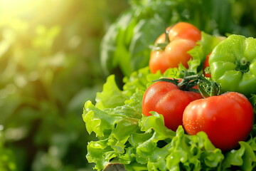 Ripe red tomatoes on the vine with fresh green lettuce leaves, autumn garden harvest. Banner with copy space