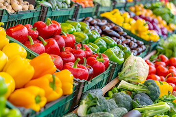 Fresh colorful vegetables in crates at farmers market, including bell peppers, tomatoes, cucumbers and eggplants. Autumn harvest variety