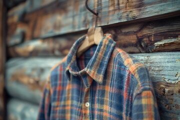 Obraz premium Plaid flannel shirt hanging on rustic wooden wall, autumn casual wear concept