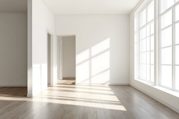 Obraz premium Bright and airy empty room with large windows and natural light. Generative AI