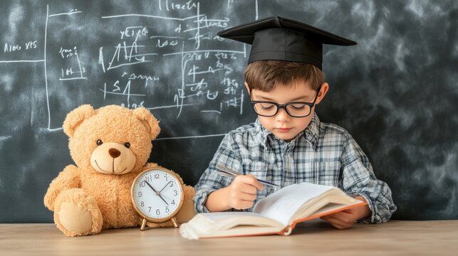 A young boy in a graduation cap and gown conducts a home school class, as he engages with a math book, surrounded by an alarm clock and a teddy bear - Powered by Adobe