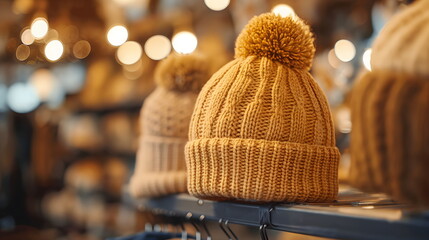 Close-up of yellow knit beanie hat with pom-pom on display, autumn and winter fashion accessory with blurred background