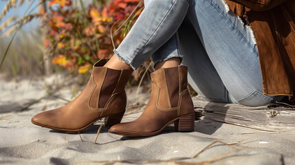 Brown ankle boots on sandy beach surrounded by autumn foliage. Casual outdoor style against natural backdrop