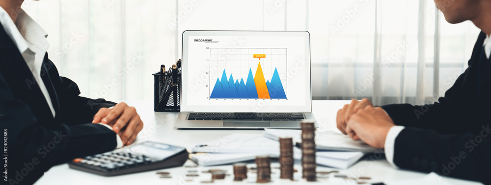 Poster business intelligence analyst use bi software on laptop to analyze financial data dashboard with gro