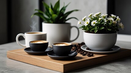 coffee plant pot room, shop decoration, white, gray, black tones, desktop, background image.