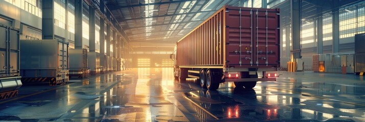 Cargo Freight Trucks in an Industrial Environment, Trailer Container Truck Stationed for Package Loading at a Warehouse, Supply Chain and Distribution Center for Shipping Operations