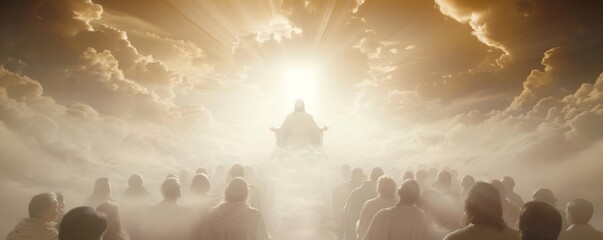 Jesus sitting on the throne in heaven and welcoming his followers. Second coming of Jesus Christ. Biblical scene. Christian religion concept