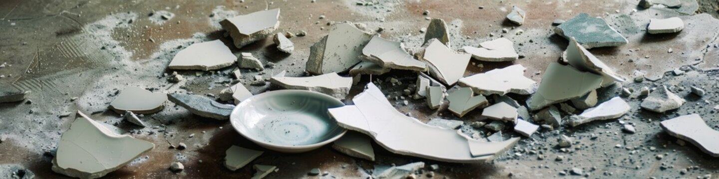 Close-up of a shattered plate with pieces spread across the ground.