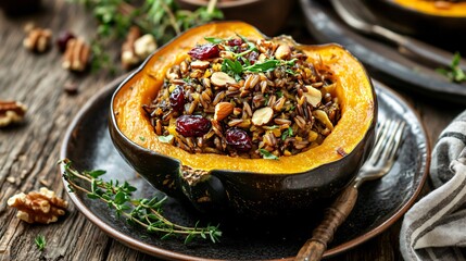 A dark brown, roasted acorn squash stuffed with a mix of wild rice, cranberries, and nuts, garnished with fresh herbs and served on a rustic plate
