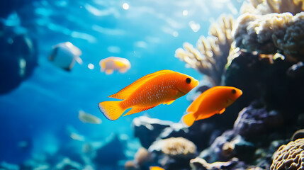 Fototapeta premium A close-up of a coral reef showcases vibrant orange fish swimming among colorful corals and bubbles in a beautiful underwater scene