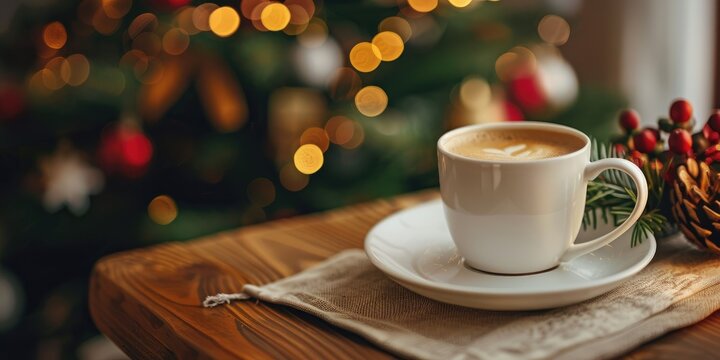 Festive tabletop setting with a white ceramic coffee cup filled with freshly brewed coffee