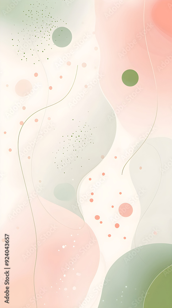 Poster a light and airy vertical banner featuring soft pink and green abstract shapes with delicate dots an